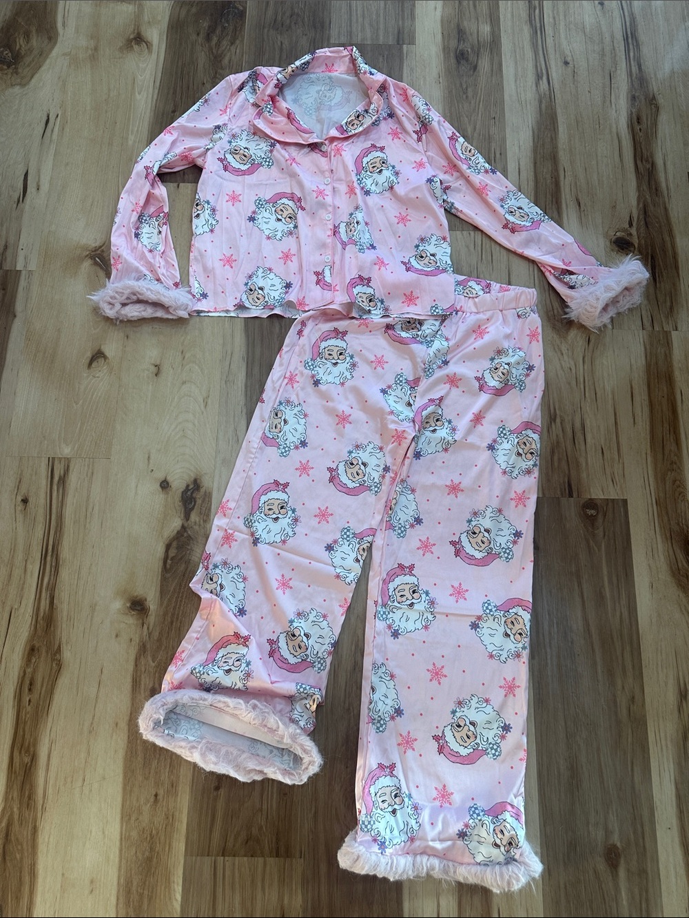 SHEIN Pink Santa Face Plush-Trim Pajama Set